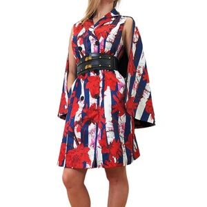 New N By Nancy Red & Blue Mixed Print Cape Jacket Dress Large $165
